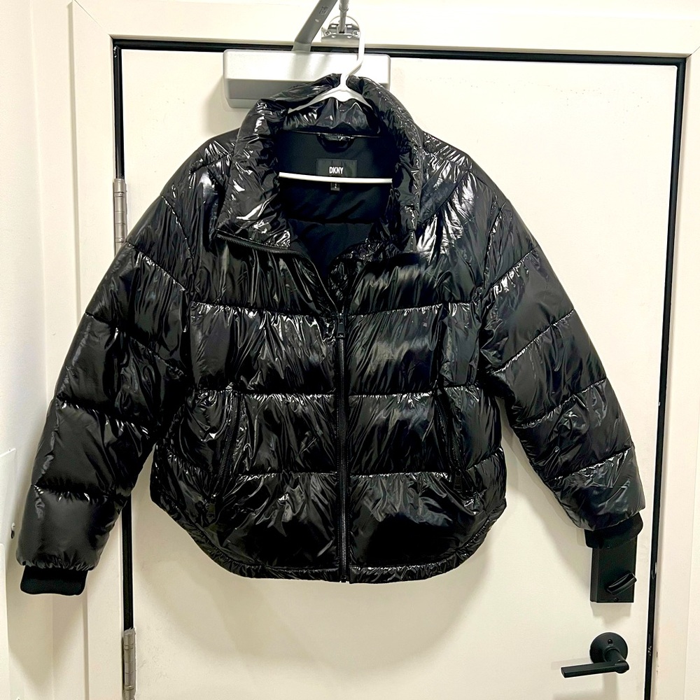 DKNY Black Glossy Puffer Coat